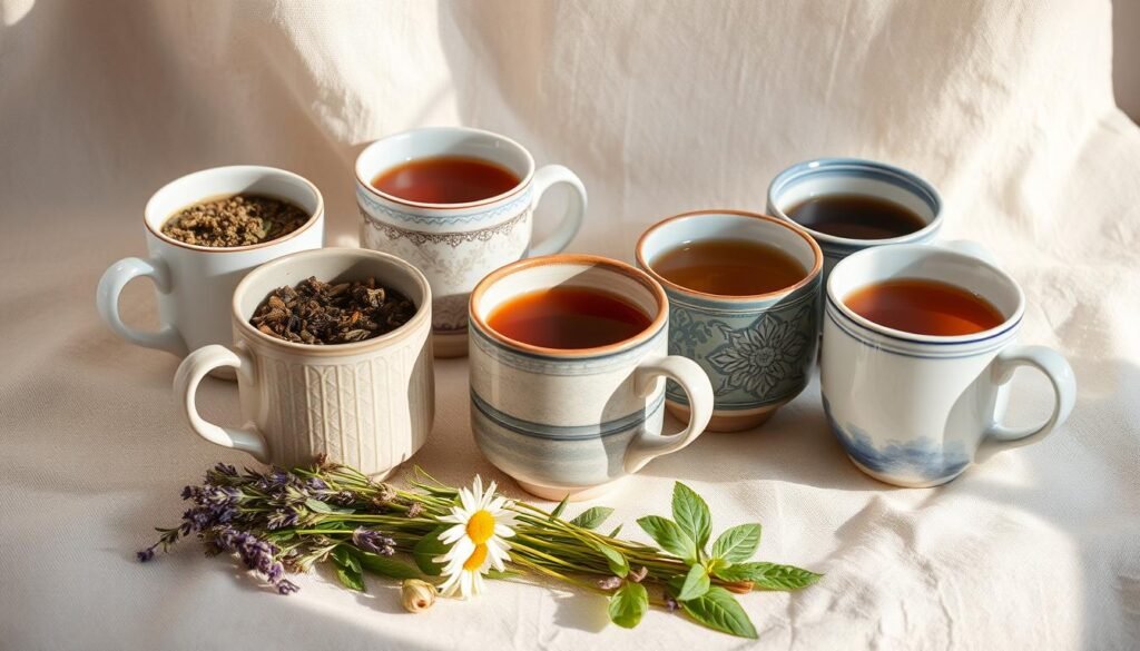A cozy still life with five ceramic mugs filled with fragrant herbal teas, set against a neutral linen backdrop. Soft natural lighting gently illuminates the scene, casting warm shadows and highlighting the intricate patterns and textures of the mugs and their contents. In the foreground, a handful of fresh herbs, such as lavender, chamomile, and mint, are scattered around the mugs, adding a touch of organic freshness. The overall mood is calming, inviting, and soothing, reflecting the tranquil and restorative nature of the herbal blends. The composition is balanced and visually pleasing, with the mugs and botanicals arranged in a thoughtful, artful manner.