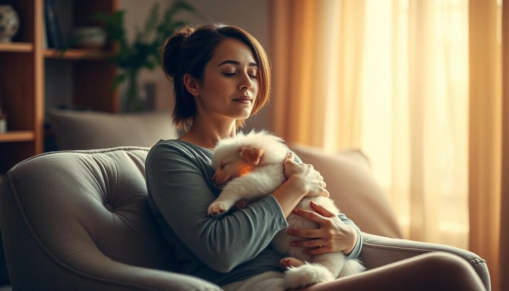 A cozy, sun-dappled room with a peaceful, comfortable atmosphere. In the foreground, a woman sits on a plush chair, her eyes closed as she hugs a small, fluffy pet close to her chest. The pet's fur seems to glow softly, and its gentle breathing and the woman's serene expression convey a sense of deep relaxation and connection. The background features a warm, inviting color palette, with soft, diffused lighting filtering through a window, creating a calming, meditative mood. The overall scene evokes a feeling of tranquility, security, and the healing power of physical affection.