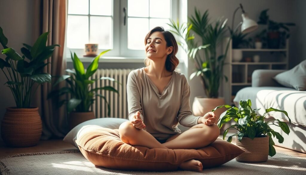 A cozy, sunlit room with an intimate, reflective atmosphere. In the foreground, a woman in her 30s or 40s sits cross-legged on a plush, earthy-toned cushion, her eyes closed and expression serene. Surrounding her are lush, verdant houseplants and a few simple, natural decor elements like a small ceramic bowl or vase. The lighting is soft, diffused, and slightly warm, creating a sense of tranquility. The background is slightly blurred, hinting at a larger space with neutral, calming tones. The overall scene conveys a sense of mindful introspection and meaningful connection.