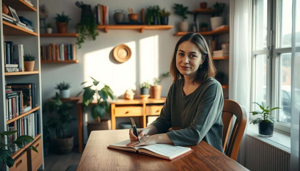 A cozy, well-lit room with a wooden desk and comfortable chair. On the desk, an open journal with a fountain pen resting next to it, inviting the viewer to pick it up and start writing. Soft, natural light filters through a nearby window, casting a warm glow on the scene. Shelves lining the walls hold an assortment of books, plants, and other items that create a soothing, contemplative atmosphere. A woman, dressed in casual but modest attire, sits at the desk, her expression one of focus and tranquility as she pens her thoughts onto the page. The overall mood is one of introspection, self-reflection, and the therapeutic power of the written word.