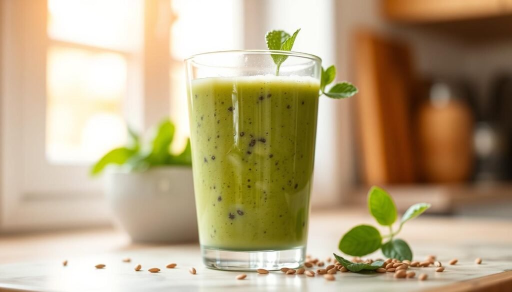 A creamy, vibrant green smoothie overflows a glass tumbler, its surface dotted with flecks of dark spinach leaves and glistening with a light sheen of kefir. The drink appears thick and nutrient-dense, casting a soft, natural glow in the warm, diffused morning light filtering through a kitchen window. Whole flax seeds and a sprig of fresh mint add subtle texture and visual interest, complementing the smoothie's wholesome, homemade aesthetic. The composition emphasizes the drink's freshness and health benefits, perfectly capturing the essence of an energizing, on-the-go breakfast for the modern, health-conscious woman.