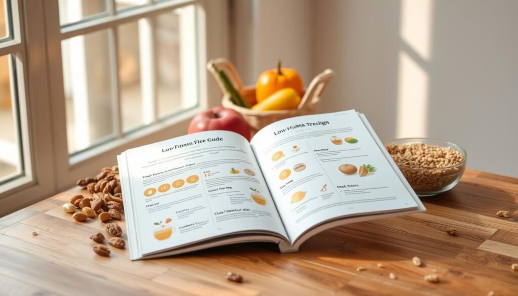A crisp, clean-looking guide on a wooden table, featuring various low-FODMAP ingredients like fresh produce, nuts, and gluten-free grains. Soft, natural lighting from a window casts a warm glow, creating a soothing, minimalist atmosphere. The guide's pages are open, revealing clear, well-organized information on the fundamentals of a low-FODMAP diet, with simple icons and illustrations to aid understanding. The overall composition is balanced and inviting, encouraging the viewer to dive into this approachable, informative resource.