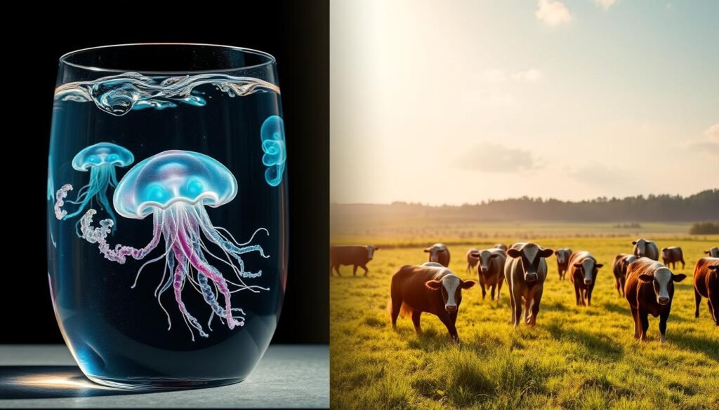 A crystalline tank filled with vibrant, swirling seawater, showcasing a majestic, iridescent jellyfish-like marine collagen structure. Juxtaposed against it, a lush, verdant meadow with a grazing herd of cattle, their bovine collagen visible in their supple skin and joints. Warm, natural lighting bathes the scene, creating a sense of balance and harmony between the two distinct collagen sources. The composition emphasizes the unique properties and origins of marine and bovine collagens, inviting the viewer to consider their comparative benefits for joint health and wellness.