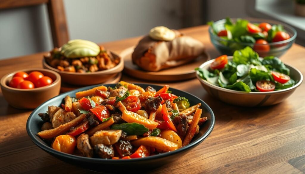 A delectable array of low-FODMAP quick meals arranged neatly on a wooden table. In the foreground, a sizzling stir-fry of colorful vegetables and lean protein, glistening with a savory sauce. In the middle ground, a hearty baked sweet potato topped with a dollop of creamy avocado. In the background, a refreshing salad of leafy greens, cherry tomatoes, and a light, tangy dressing. Warm, indirect lighting casts a cozy glow, creating an inviting and appetizing scene. The image conveys a sense of ease and simplicity, capturing the essence of delicious, stomach-friendly meals that can be prepared in a flash.