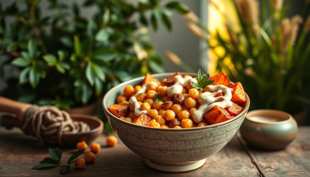 A delightful, color-rich still life showcasing a vibrant buddha bowl filled with roasted sweet potatoes, hearty chickpeas, and a creamy tahini dressing. The potatoes are perfectly caramelized, the chickpeas lightly seasoned, and the tahini drizzled in an artful swirl. The bowl is set atop a rustic wooden table, with a backdrop of lush greenery and warm, natural lighting casting a soft, inviting glow. The composition is balanced and visually appealing, capturing the nourishing, gut-friendly essence of this wholesome meal. The atmosphere exudes a sense of simplicity, wellness, and wholesome indulgence.