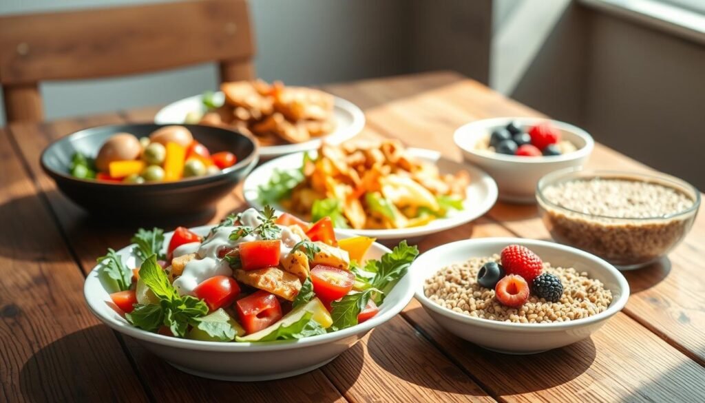 A delightful, sun-dappled scene of an assortment of low-FODMAP dishes neatly arranged on a rustic wooden table. In the foreground, a colorful salad bursting with fresh vegetables and a creamy dressing. Behind it, a fragrant stir-fry with tender chicken and crunchy bell peppers. On the side, a hearty bowl of quinoa porridge topped with juicy berries. Soft, diffused lighting illuminates the table, creating a warm, inviting atmosphere. The scene conveys a sense of healthfulness and nourishment, perfectly capturing the essence of "Delicious Low-FODMAP Recipes to Try Today."