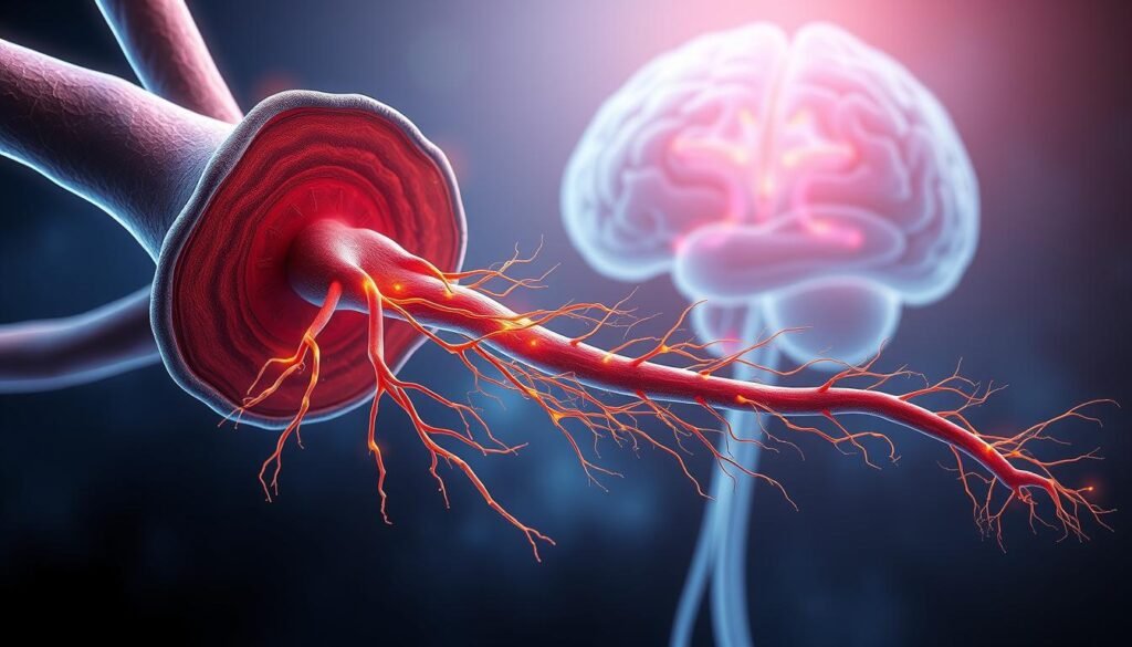 A detailed anatomical illustration showcasing the intricate workings of the vagus nerve and its role in the stress response system. In the foreground, a vibrant cross-section of the vagus nerve, its fibers pulsing with neural activity. In the middle ground, a stylized representation of the sympathetic and parasympathetic nervous systems, their interplay visually conveyed. The background features an atmospheric depiction of the brain, with the limbic system and prefrontal cortex highlighted, indicating their influence on the stress response. The lighting is soft and diffused, creating a sense of calm and contemplation. The overall tone is one of scientific precision combined with a soothing, almost meditative quality, inviting the viewer to explore the intricate workings of the vagus nerve and its power to regulate stress.