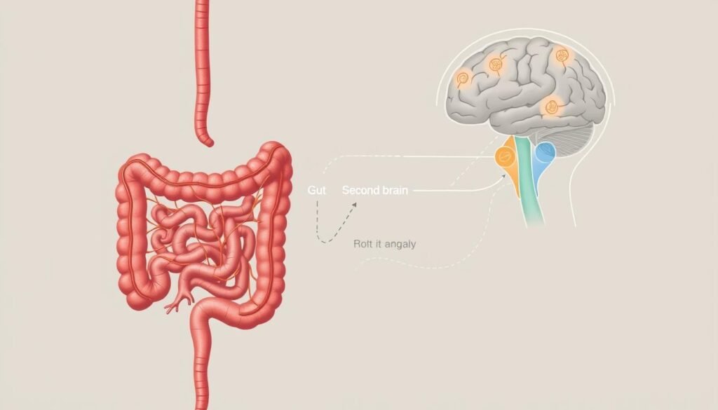 A detailed, anatomically accurate illustration depicting the intricate gut-brain connection and its impact on mental health. The foreground features a cross-section of the gastrointestinal tract, showcasing the intricate network of nerves and neurotransmitters that form the "second brain." The middle ground highlights the bidirectional communication between the gut and the brain, with neural pathways and hormonal signals interlinking the two. In the background, a stylized representation of the human brain, with highlighted regions associated with emotional processing and cognitive function. The color palette is muted and subdued, conveying a sense of balance and harmony, reflecting the delicate equilibrium of the gut-brain axis. The lighting is soft and diffused, creating a contemplative, educational atmosphere.