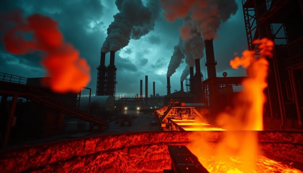 A detailed, cinematic image of iron energy production. In the foreground, a glowing, molten iron vat with billowing steam and sparks. In the middle ground, industrial machinery and conveyor belts move the molten metal. In the background, a massive, dimly lit factory with steel girders and towering smokestacks belching plumes of smoke against a moody, dramatic sky. The lighting is a mix of warm orange hues from the furnace and cooler, bluish tones from the factory. The camera angle is low, emphasizing the scale and power of the industrial process. The overall mood is one of raw, primal energy and productivity.