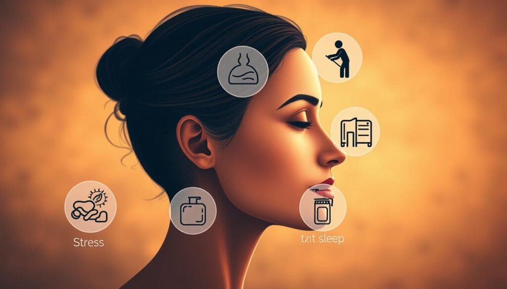 A detailed close-up illustration of the major causes of hormonal imbalance, including a woman's head surrounded by icons representing stress, poor diet, lack of exercise, environmental toxins, and insufficient sleep. The scene is bathed in a warm, earthy color palette, conveying a sense of balance and harmony disrupted. The background is blurred, with a subtle texture to create depth and focus the viewer's attention on the central figure and the causative factors. The lighting is soft and diffused, creating a contemplative, educational atmosphere.