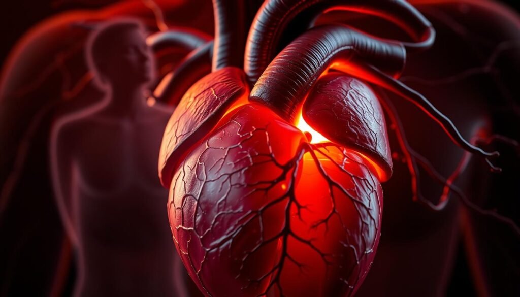 A detailed close-up of a human heart, its chambers and valves visible, surrounded by a network of arteries and veins. The heart is highlighted with warm, soft lighting, casting subtle shadows to accentuate its intricate structure. In the background, a shadowy, ethereal figure representing hormones and their influence on cardiovascular health, creating a sense of connection between the two elements. The overall tone is contemplative and thought-provoking, inviting the viewer to consider the complex relationship between hormonal balance and heart disease.