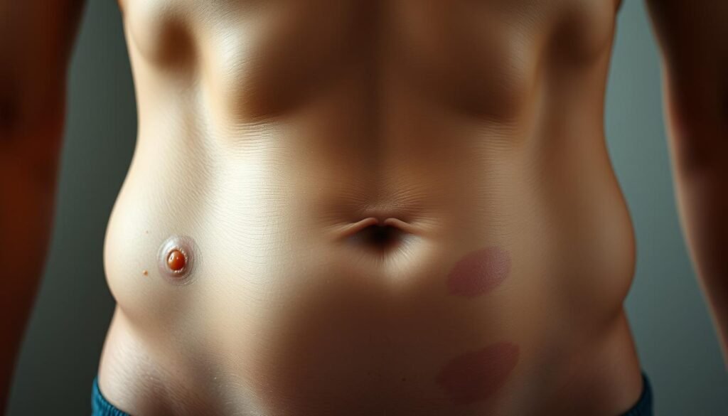 A detailed close-up view of a human abdomen, showcasing various gut health symptoms. The scene is lit with soft, natural lighting that accentuates the texture and contours of the skin. The foreground features prominent indicators of digestive distress, such as bloating, discoloration, and subtle signs of inflammation. The middle ground reveals the overall silhouette of the torso, creating a sense of anatomical context. The background is blurred, maintaining focus on the key diagnostic elements. The mood is one of clinical examination, inviting the viewer to closely observe and interpret the visual cues of gut-related issues that may impact mental well-being.