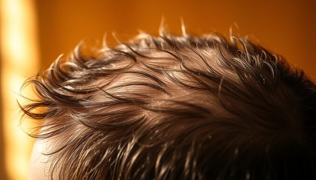 A detailed closeup of a healthy human scalp, showcasing lush, vibrant hair follicles against a warm, glowing backdrop. The image is captured with a macro lens, highlighting the intricate textures and patterns of the scalp's skin. Soft, diffused lighting from the side creates subtle shadows and highlights, emphasizing the natural contours and the vitality of the hair roots. The overall mood is serene and inviting, conveying a sense of well-being and radiance associated with optimal scalp and hair health.