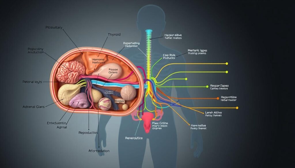 A detailed cross-section illustration depicting the internal hormonal mechanisms of the human body. The foreground showcases various endocrine glands, including the pituitary, thyroid, adrenal, and reproductive organs, with clear labeling of their roles in hormone production and regulation. The middle ground highlights the intricate pathways and feedback loops governing hormonal balance, using vibrant colors and dynamic arrows to convey the complex interplay. The background features a stylized anatomical silhouette, providing context and scale. The overall mood is informative and scientific, with a clean, technical aesthetic achieved through precise lighting, muted tones, and a slightly elevated camera angle.