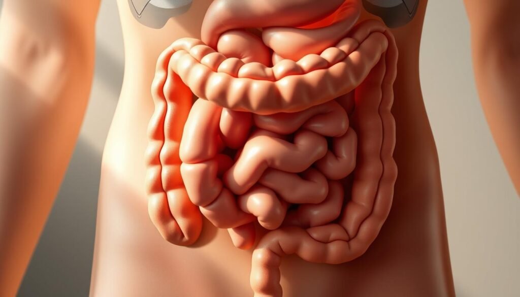 A detailed cross-section illustration of the human digestive tract, prominently showcasing the small and large intestines. The image should depict bloating and distension of the intestinal structures, with clear visual cues to indicate the causes of such digestive issues. Use a neutral, muted color palette with soft lighting from the side, creating depth and dimensionality. Capture the internal anatomy with precision, while maintaining a clean, technical aesthetic suitable for a medical or educational context. Avoid excessive realism or gore, keeping the illustration informative yet visually appealing.
