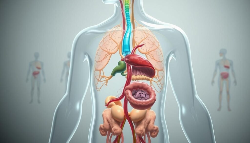 A detailed cross-section illustration of the human endocrine system, showing the interconnected network of glands and organs that produce and regulate hormones. The foreground depicts the major hormone-producing glands, such as the pituitary, thyroid, adrenal, and sex glands, in vivid detail. The middle ground reveals the complex pathways and feedback loops between these glands, while the background provides context with simplified anatomical structures. The lighting is soft and diffused, creating a clinical yet informative atmosphere. The composition emphasizes the intricate balance and delicate nature of the hormonal system. Rendered in a clean, technical style with muted colors to convey the scientific nature of the subject matter.