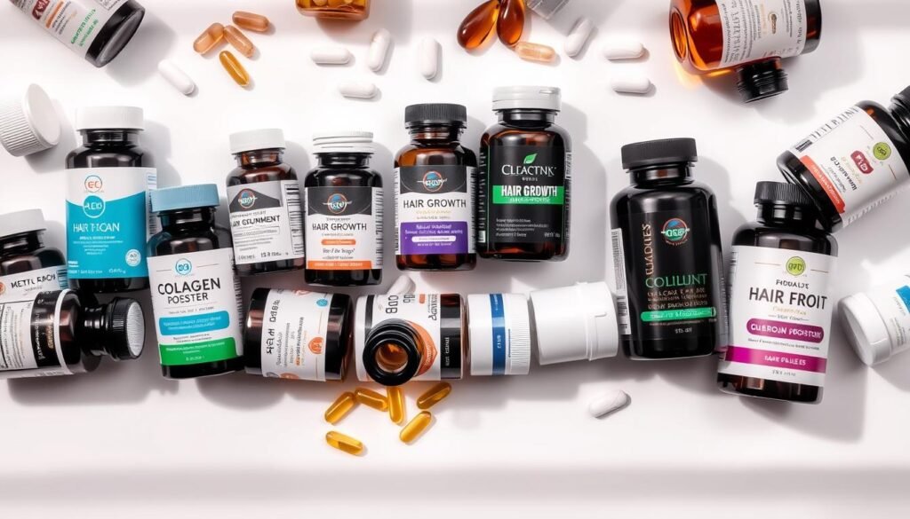 A detailed, high-quality closeup photograph of an assortment of various health supplement bottles, capsules, and tablets laid out on a white background. The containers feature sleek, modern designs with clear labels showing the supplement names, nutritional facts, and logos. The lighting is soft and diffused, creating natural shadows and highlights that emphasize the textures and shapes of the products. The overall composition is clean, symmetrical, and arranged thoughtfully to showcase the diverse range of supplements, such as multivitamins, hair growth formulas, collagen boosters, and omega-3 fish oils. The mood is professional, informative, and inviting, capturing the essence of choosing the right hair growth supplements.