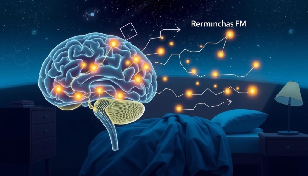 A detailed illustration depicting the intricate processes of slow-wave sleep (SWS) and rapid eye movement (REM) sleep, showcasing the release of hormones that regulate these stages. In the foreground, a cross-section of the human brain illuminates the neurological activity, with glowing pathways representing the flow of hormones. The middle ground features a serene, dimly lit bedroom scene, capturing the tranquility of a restful night's sleep. In the background, a celestial backdrop symbolizes the circadian rhythms that govern our sleep-wake cycles. The overall composition conveys the complex, yet delicate balance of hormones that shape the quality of our slumber as we age.
