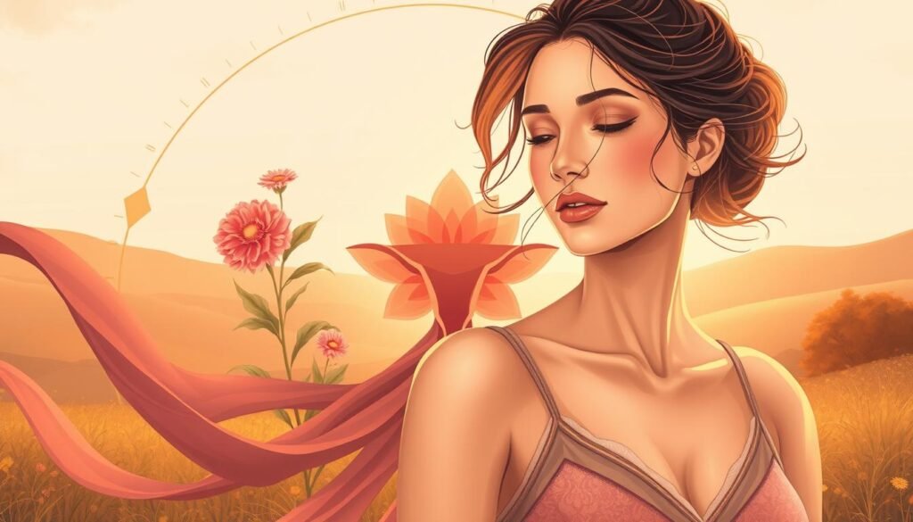 A detailed illustration of a woman's monthly hormonal cycle, captured in a soft, warm-toned palette. In the foreground, a central figure representing the menstrual phase, with flowing, muted colors. The middle ground depicts the follicular and ovulatory phases, with a vibrant, blooming floral motif. In the background, the luteal and premenstrual phases are represented by a serene, natural landscape, bathed in a golden, ambient light. The composition emphasizes the interconnectedness and rhythmic nature of the cycle, conveying a sense of harmony and balance. The woman's figure is fully clothed, her expression serene and introspective, reflecting the holistic, wellness-oriented theme of the image. A detailed illustration of a woman's monthly hormonal cycle, captured in a soft, warm-toned palette. In the foreground, a central figure representing the menstrual phase, with flowing, muted colors. The middle ground depicts the follicular and ovulatory phases, with a vibrant, blooming floral motif. In the background, the luteal and premenstrual phases are represented by a serene, natural landscape, bathed in a golden, ambient light. The composition emphasizes the interconnectedness and rhythmic nature of the cycle, conveying a sense of harmony and balance. The woman's figure is fully clothed, her expression serene and introspective, reflecting the holistic, wellness-oriented theme of the image.