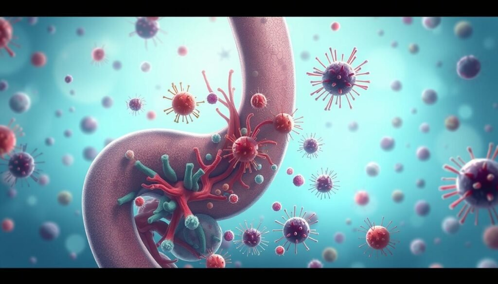 A detailed illustration of gut bacteria in a serene, clinical setting. A cross-section view showcasing the diverse microbiome, with vibrant, stylized rod-shaped and spherical bacteria floating in a hazy, blue-toned environment. Soft, diffused lighting illuminates the scene, creating a sense of depth and dimension. The bacteria are rendered with intricate textures and organic forms, conveying the complexity and importance of this delicate ecosystem. The overall mood is one of scientific curiosity and the wonder of the microscopic world that lies within us. A detailed illustration of gut bacteria in a serene, clinical setting. A cross-section view showcasing the diverse microbiome, with vibrant, stylized rod-shaped and spherical bacteria floating in a hazy, blue-toned environment. Soft, diffused lighting illuminates the scene, creating a sense of depth and dimension. The bacteria are rendered with intricate textures and organic forms, conveying the complexity and importance of this delicate ecosystem. The overall mood is one of scientific curiosity and the wonder of the microscopic world that lies within us.