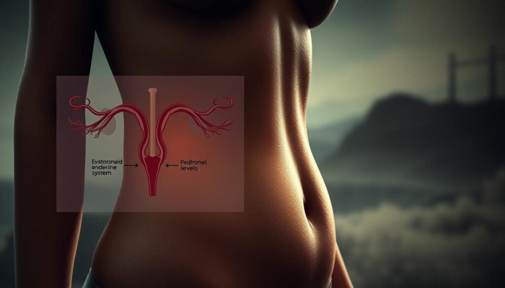 A detailed illustration of the physiological effects of hormonal imbalance, specifically estrogen dominance. A woman's torso in the foreground, her skin glowing with a subtle radiance, yet mottled with subtle discoloration and blemishes. Her abdomen protrudes slightly, indicative of bloating. Overlaying this, a schematic diagram of the endocrine system, with key hormone levels highlighted, conveying the underlying biological mechanisms. In the background, a muted, hazy landscape, evoking a sense of malaise and unease. Moody, earthy tones predominate, with muted blues and greens. Dramatic, high-contrast lighting casts dramatic shadows, heightening the sense of tension and imbalance. Technical details: close-up, medium shot, natural lighting with a slight vignette effect.