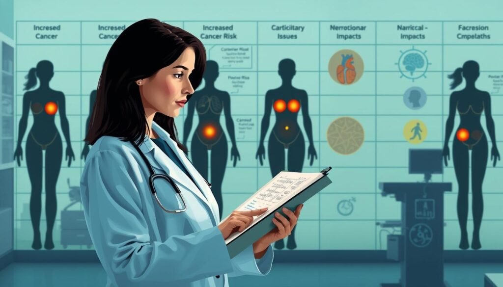 A detailed illustration of the potential risks and side effects of bioidentical hormone therapy. In the foreground, a woman in a lab coat holds a clipboard, analyzing the results of various medical tests. Behind her, a grid of human body silhouettes, each with highlighted areas indicating the potential areas of concern, such as increased cancer risk, cardiovascular issues, and neurological impacts. In the background, a softly-lit medical laboratory setting with equipment and scientific diagrams. The overall mood is one of caution and careful consideration, emphasizing the importance of understanding the potential risks before embarking on bioidentical hormone therapy.
