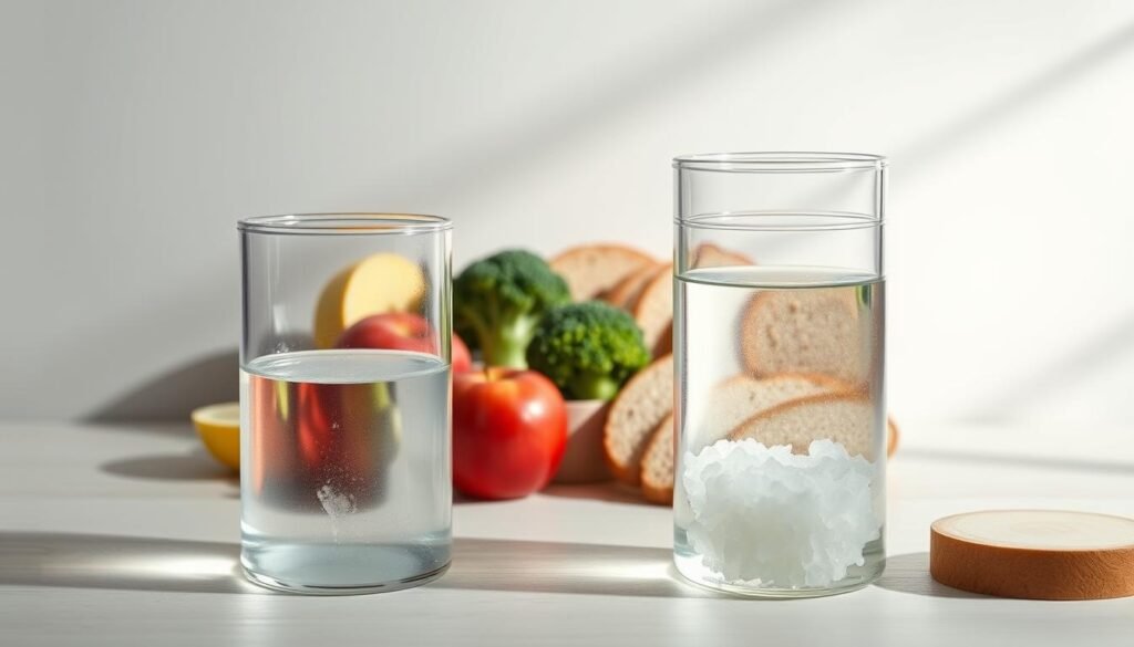 A detailed illustration showcasing the difference between soluble and insoluble fiber. In the foreground, two clear glass beakers filled with contrasting liquids - one a translucent, gel-like solution representing soluble fiber, the other a cloudy, opaque suspension representing insoluble fiber. The middle ground features neatly arranged slices of various high-fiber foods like apples, broccoli, and whole wheat bread. The background depicts a softly lit, minimalist scene with subtle textures, emphasizing the natural, healthy theme. Crisp lighting from the side casts shadows, enhancing the three-dimensional forms. The overall tone is clean, educational, and visually appealing, suitable for illustrating the role of fiber in reducing bloating.