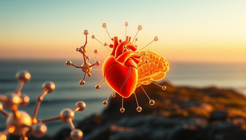 A detailed image of omega-3 fatty acids' benefits for heart and brain health. A central foreground shows a stylized representation of omega-3 molecular structure, glowing with a warm, soft light. In the middle ground, anatomical illustrations of a healthy heart and brain are visible, highlighted by the omega-3 molecules radiating outward. The background depicts a serene, natural landscape, perhaps a coastline, suggesting the marine origins of omega-3 sources. The overall scene conveys a sense of balance, vitality, and the synergistic relationship between omega-3s and optimal cardiovascular and neurological function. Lighting is natural, with a gentle golden hour glow. The composition is clean, elegant, and inviting, highlighting the benefits of this essential nutrient for women over 35. A detailed image of omega-3 fatty acids' benefits for heart and brain health. A central foreground shows a stylized representation of omega-3 molecular structure, glowing with a warm, soft light. In the middle ground, anatomical illustrations of a healthy heart and brain are visible, highlighted by the omega-3 molecules radiating outward. The background depicts a serene, natural landscape, perhaps a coastline, suggesting the marine origins of omega-3 sources. The overall scene conveys a sense of balance, vitality, and the synergistic relationship between omega-3s and optimal cardiovascular and neurological function. Lighting is natural, with a gentle golden hour glow. The composition is clean, elegant, and inviting, highlighting the benefits of this essential nutrient for women over 35.