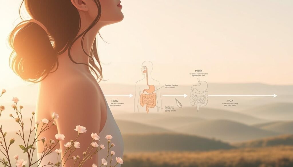 A detailed timeline depicting the gradual healing of a woman's gut, showcased through a series of elegant illustrations. In the foreground, delicate botanical elements symbolize the regenerative process, with soothing pastel hues and soft lighting creating a tranquil atmosphere. The middle ground features stylized anatomical diagrams, highlighting the intricate workings of the digestive system as it transitions from imbalance to harmony. In the background, a serene, minimalist landscape provides a calming backdrop, underscoring the holistic nature of gut healing. The overall composition conveys a sense of hope, progress, and the restorative power of the body, inviting the viewer to embark on their own gut reset journey.
