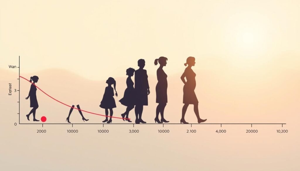 A detailed timeline illustration depicting the duration of perimenopause, the transitional phase leading up to menopause. In the foreground, a stylized graph shows the gradual decline of estrogen levels over time, with markers indicating the typical 2-10 year duration. In the middle ground, a series of female silhouettes in various stages of life, from younger to older, symbolize the progression through this hormonal transition. The background features a soft, pastel-hued gradient, creating a soothing, contemplative atmosphere. Warm, natural lighting casts a gentle glow, emphasizing the organic, biological nature of this important life stage. Understated and elegantly designed to educate and inform without distracting from the subject matter. A detailed timeline illustration depicting the duration of perimenopause, the transitional phase leading up to menopause. In the foreground, a stylized graph shows the gradual decline of estrogen levels over time, with markers indicating the typical 2-10 year duration. In the middle ground, a series of female silhouettes in various stages of life, from younger to older, symbolize the progression through this hormonal transition. The background features a soft, pastel-hued gradient, creating a soothing, contemplative atmosphere. Warm, natural lighting casts a gentle glow, emphasizing the organic, biological nature of this important life stage. Understated and elegantly designed to educate and inform without distracting from the subject matter.