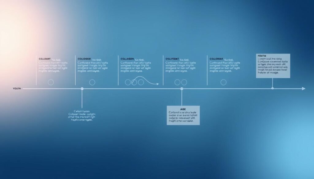 A detailed timeline illustration depicting the gradual progression of collagen production in the human body over time. Crisp, minimalist design with a clean, scientific aesthetic. Precise diagrams and charts show the fluctuating collagen levels at different life stages, from youth to old age. Soft, diffused lighting illuminates the background, creating a sense of depth and focus on the central timeline. Subtle, muted color palette of blues, grays, and whites conveys a sense of professionalism and medical authority. Carefully positioned elements create a balanced, symmetrical composition that guides the viewer's eye through the key stages of the collagen timeline.