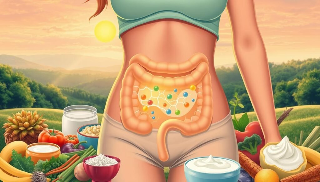 A detailed, vibrant illustration of gut health and hormones. In the foreground, a woman's midsection with a glowing, healthy gut, surrounded by a variety of wholesome, probiotic-rich foods like yogurt, kefir, fermented vegetables. In the middle ground, a network of gut flora and bacteria, represented as colorful, abstract shapes. In the background, a soothing, serene landscape with lush greenery, a calming sky, and warm, natural lighting to convey a sense of balance and wellbeing. The overall mood is one of harmony, wellness, and the interconnectedness of gut and hormonal health.