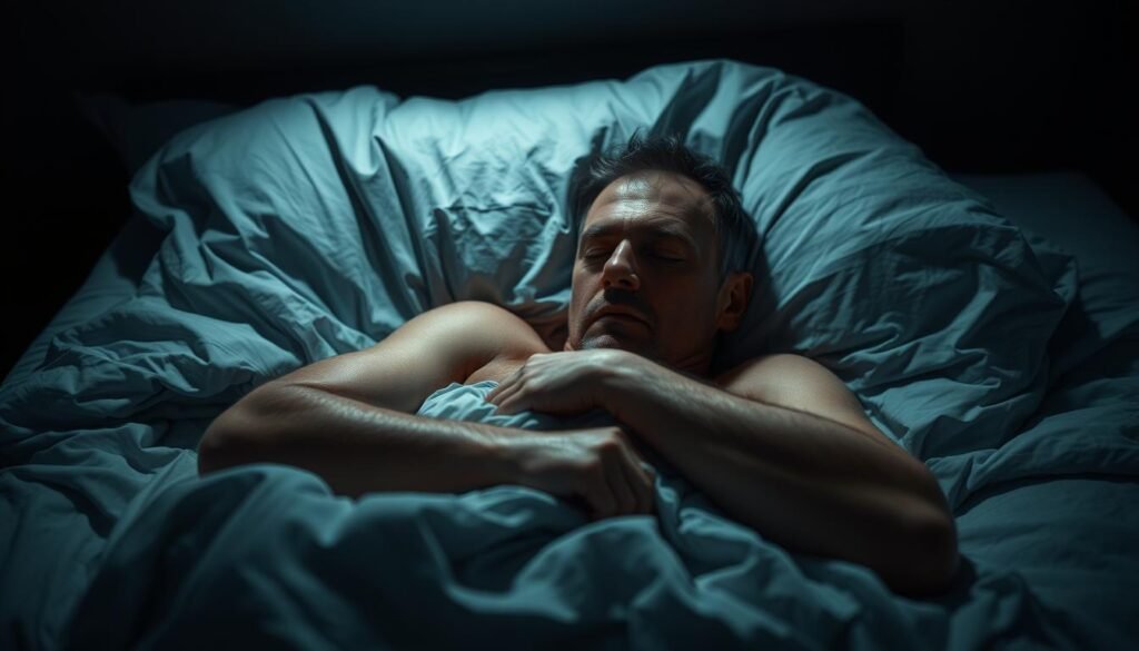 A dimly lit bedroom at night, the air thick with discomfort. A person tossing and turning, their face flushed with beads of sweat glistening on their forehead. Crumpled sheets and a restless figure convey the distress of night sweats, a common yet concerning symptom. The lighting is low and moody, casting dramatic shadows that accentuate the individual's distress. The camera angle is close, creating an intimate, almost claustrophobic feeling, emphasizing the intensity of the experience. The overall atmosphere is one of unease, vulnerability, and the urgent need for relief from this nightly ordeal.