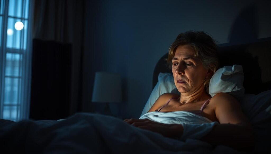 A dimly lit bedroom at night, with a woman tossing and turning in bed, beads of sweat glistening on her forehead. Soft moonlight filters through sheer curtains, casting a hazy glow on the scene. The woman's expression conveys discomfort and restlessness as she experiences the intense heat flashes and damp, clammy skin associated with menopausal night sweats. The atmosphere is one of uncomfortable, disrupted sleep, reflecting the challenges faced by women during this transitional phase of life. The image should evoke empathy and understanding for the experience of menopausal sleep disturbances.