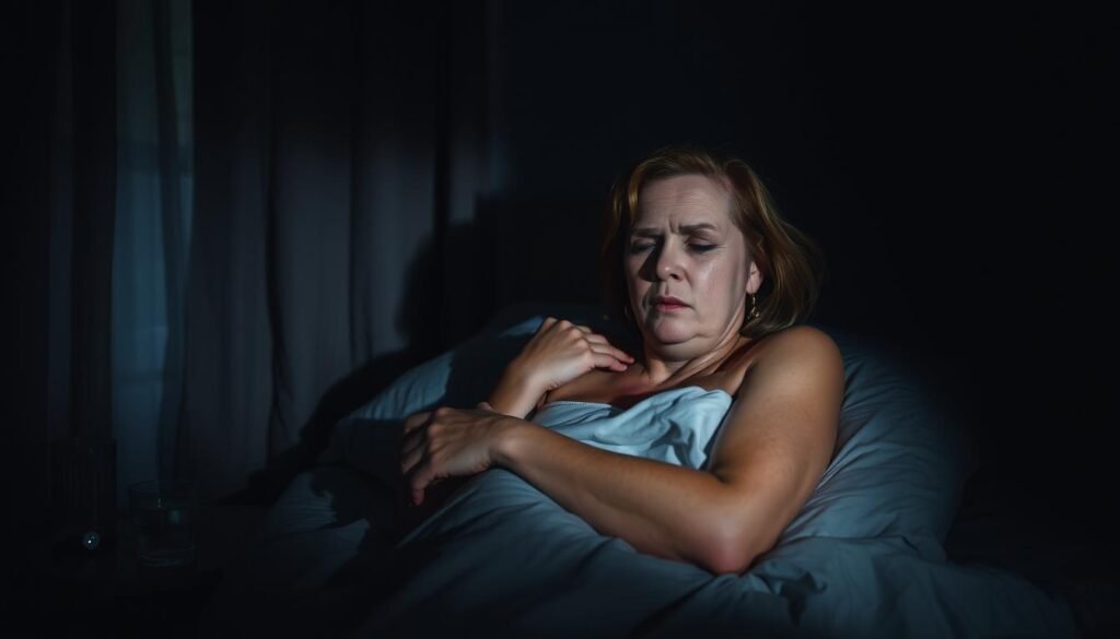 A dimly lit bedroom scene, with a woman tossing and turning in bed, her face flushed and glistening with sweat. The room is shadowy, with soft lighting filtering through sheer curtains, creating a moody, atmospheric feel. In the background, a nightstand with a glass of water and a bottle of medication, hinting at the underlying medical cause of the night sweats. The woman's expression conveys discomfort and restlessness, as she struggles to find relief from the unpleasant symptoms. The overall tone is one of concern and unease, reflecting the common but distressing experience of night sweats in women after the age of 35.