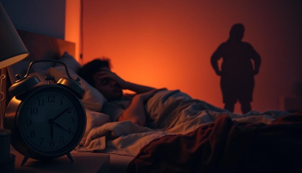 A dimly lit bedroom setting, with a person tossing and turning in a restless sleep, their face expressing fatigue and stress. In the foreground, a clock shows the late hour, while in the background, the silhouette of a weighty figure stands, symbolizing the metabolic consequences of sleep deprivation. The lighting is warm and hazy, creating a sense of unease and the passage of time. The overall atmosphere conveys the cyclical nature of sleep debt leading to weight gain, a cautionary tale of the delicate hormonal balance disrupted by insufficient rest.