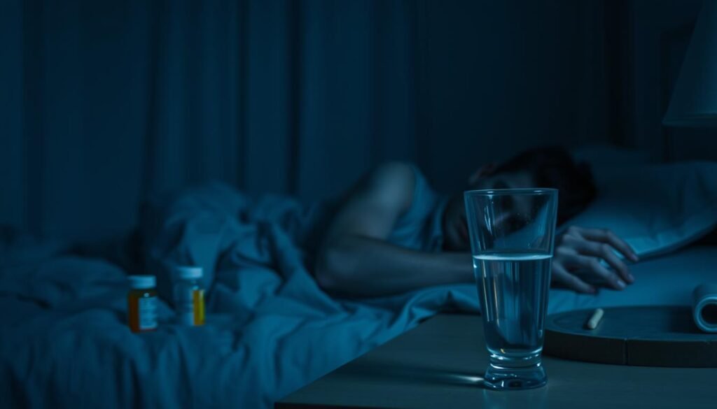 A dimly lit bedroom, shrouded in a melancholic atmosphere. In the foreground, a figure lies restlessly on the bed, tossing and turning, their face etched with worry and fatigue. The middle ground reveals a bedside table, cluttered with prescription bottles and a half-empty glass of water, hinting at the struggles with sleep disruption and mental health challenges. The background is blurred, creating a sense of isolation and disconnection, as if the individual is trapped within their own mind. Soft, bluish lighting casts shadows across the scene, conveying the heaviness and emotional turmoil of depression. The overall composition evokes a sense of unease and the overwhelming burden of managing both mood disorders and sleep difficulties.