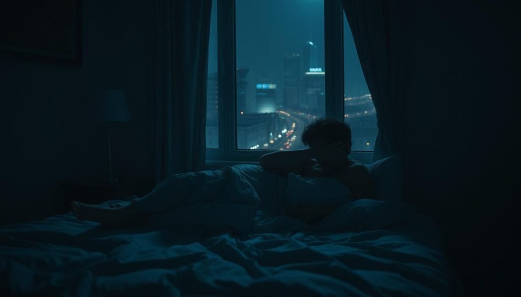 A dimly lit bedroom, the air thick with tension. On the bed, a figure tossing and turning, the bedsheets tangled around their legs. Shadows cast by a single lamp on the nightstand create a moody, introspective atmosphere. The person's face is partially obscured, hinting at the worry and stress etched on their features. In the background, a window reveals a cityscape, streetlights casting an eerie glow, suggesting the isolating and overwhelming nature of the "coronasomnia" experience. The overall scene conveys a sense of exhaustion, restlessness, and the toll that the pandemic has taken on mental wellbeing and sleep.
