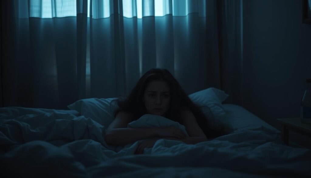 A dimly lit bedroom, the curtains drawn, casting a somber glow. In the foreground, a woman lies awake, her expression troubled, her eyes heavy with fatigue. Shadows flicker across the walls, reflecting her inner turmoil. The bedsheets are tangled, a symbol of the restlessness that plagues her. In the background, a bedside table holds a glass of water and a bottle of sleeping pills, a silent testament to her struggle with insomnia. The overall atmosphere is one of melancholy and unease, capturing the essence of how poor sleep can negatively impact mood.