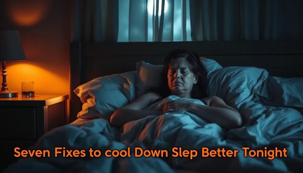 A dimly lit bedroom, the nightstand casting a warm glow. Tousled bedsheets, damp with perspiration, as a woman lies restlessly, her face etched with discomfort. Moonlight filters through the curtains, creating a moody, atmospheric scene. The room is suffused with a sense of unease, reflecting the frustration and fatigue of struggling with night sweats. The lighting is soft, creating a chiaroscuro effect that emphasizes the woman's troubled expression. The overall mood is one of restlessness and the need for relief, setting the stage for the "Seven Fixes to Cool Down Fast and Sleep Better Tonight" section of the article.