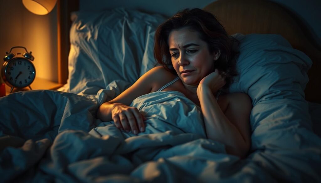 A dimly lit bedroom, with a woman tossing and turning in bed, her face flushed and glistening with perspiration. The sheets are tangled, and a sense of discomfort and distress permeates the scene. In the background, a clock on the nightstand shows the late hours of the night, hinting at the ongoing struggle with persistent hot flashes and night sweats. The lighting is soft and warm, creating a sense of intimacy and vulnerability. The camera angle is slightly low, emphasizing the woman's restlessness and the overwhelming nature of her symptoms. The overall mood is one of discomfort and unease, capturing the common perimenopause experience. A dimly lit bedroom, with a woman tossing and turning in bed, her face flushed and glistening with perspiration. The sheets are tangled, and a sense of discomfort and distress permeates the scene. In the background, a clock on the nightstand shows the late hours of the night, hinting at the ongoing struggle with persistent hot flashes and night sweats. The lighting is soft and warm, creating a sense of intimacy and vulnerability. The camera angle is slightly low, emphasizing the woman's restlessness and the overwhelming nature of her symptoms. The overall mood is one of discomfort and unease, capturing the common perimenopause experience.