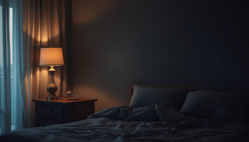 A dimly lit bedroom, with soft, warm lighting casting a cozy glow. The main source is a table lamp with a linen shade, placed on a sturdy wooden nightstand. Ambient light filters in through sheer curtains, creating a tranquil atmosphere. The bed is dressed in luxurious, muted bedding, inviting relaxation. A single person, fully clothed, sits on the edge of the bed, their posture relaxed as they prepare for a restful night's sleep. The overall scene evokes a sense of calm and mindfulness, suitable for transitioning into a peaceful slumber.