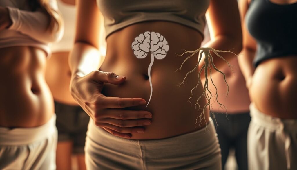 A dimly lit close-up of a diverse group of women's midsections, showcasing their gut health. The foreground features a woman's hands gently cradling her abdomen, conveying a sense of care and attention. The middle ground highlights the distinct silhouettes of three women, each representing different body types, skin tones, and ages. In the soft, diffused background, a visual metaphor emerges - a series of delicate, interconnected roots symbolizing the intricate gut-brain connection. The lighting is warm and natural, creating a soothing, introspective atmosphere. Captured with a shallow depth of field, the image invites the viewer to focus on the nuanced relationship between women's gut health and their overall well-being.