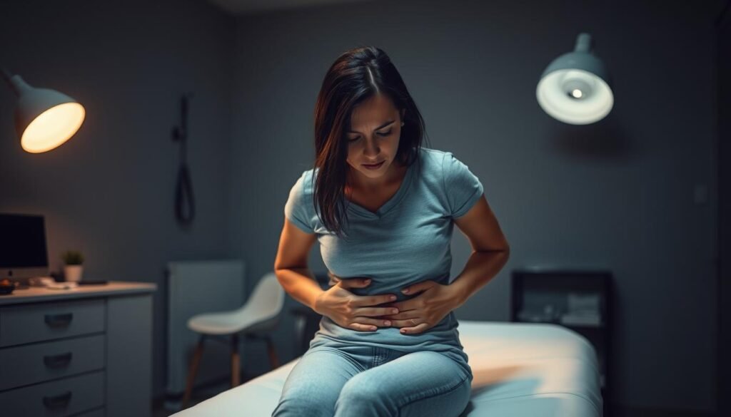 A dimly lit medical examination room, with a doctor's desk and medical equipment visible in the background. In the foreground, a woman sits on an examination table, her expression pensive and slightly distressed. Her hands gently rest on her abdomen, highlighting her abdominal discomfort. The lighting is soft and muted, creating a sense of introspection and tension. The scene conveys the struggle and discomfort associated with hormonal imbalance symptoms, reflecting the topic of the article section.