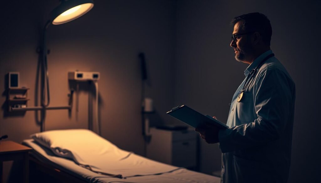 A dimly lit medical examination room, with a patient sitting upright on an examination table. A concerned doctor stands nearby, holding a clipboard and examining the patient closely. The room is filled with a sense of analytical focus, with medical equipment and instruments visible in the background, casting soft shadows. The lighting is warm and muted, creating an atmosphere of introspection and professional care. The doctor's expression is one of thoughtful consideration as they evaluate the patient's condition. The overall scene conveys the seriousness and importance of the "night sweats evaluation" process.