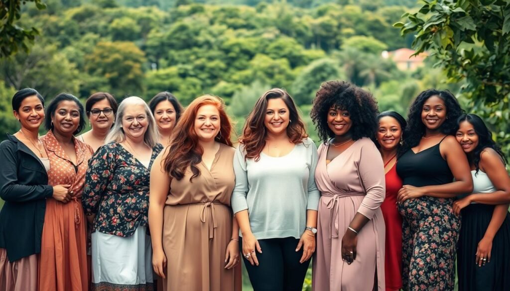 A diverse group of women, representing different ages, sizes, and ethnicities, stand together in a serene, natural setting. Soft, diffused lighting from above casts a warm, empowering glow on their faces, which radiate confidence and self-acceptance. In the middle ground, the women are dressed in comfortable, elegant attire that celebrates their unique forms. In the background, a lush, verdant landscape provides a calming, scenic backdrop, reinforcing the message of embracing one's natural beauty. The overall atmosphere conveys a sense of unity, acceptance, and the celebration of redefining traditional beauty standards.
