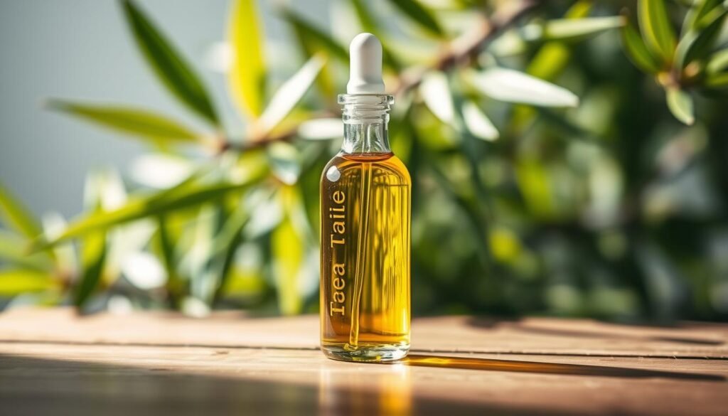 A glass bottle filled with clear, golden tea tree oil standing on a wooden surface. The bottle has a dropper cap, casting a soft shadow on the surface. In the background, lush green leaves of the tea tree plant are visible, slightly blurred, creating a natural, soothing ambiance. The lighting is soft and diffused, highlighting the purity and transparency of the oil. The composition emphasizes the versatility and therapeutic properties of this essential oil, perfect for targeting blemish-prone skin.