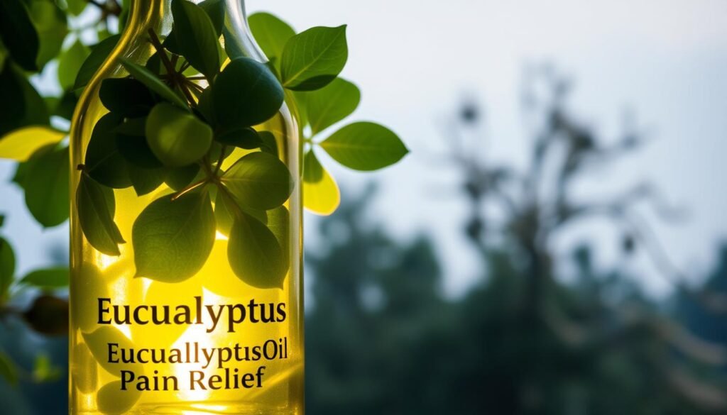 A glass bottle filled with vibrant green eucalyptus leaves, casting a warm glow from a soft, diffused light source. The bottle's label showcases the eucalyptus plant's scientific name and the text "Eucalyptus Oil for Pain Relief". In the background, a serene nature scene with wispy, swaying eucalyptus trees against a hazy, blue-gray sky. The overall composition conveys a sense of natural, soothing remedy for pain and congestion. A glass bottle filled with vibrant green eucalyptus leaves, casting a warm glow from a soft, diffused light source. The bottle's label showcases the eucalyptus plant's scientific name and the text "Eucalyptus Oil for Pain Relief". In the background, a serene nature scene with wispy, swaying eucalyptus trees against a hazy, blue-gray sky. The overall composition conveys a sense of natural, soothing remedy for pain and congestion.