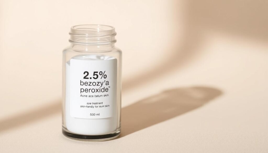 A glass jar filled with 2.5% benzoyl peroxide acne treatment, placed on a soft, natural-toned background. The jar is well-lit, with subtle shadows creating depth and dimension. The label is clear, prominently displaying the ingredient concentration. The overall scene conveys a sense of simplicity, cleanliness, and effectiveness, reflecting the section's focus on skin-friendly acne treatment for mature skin.