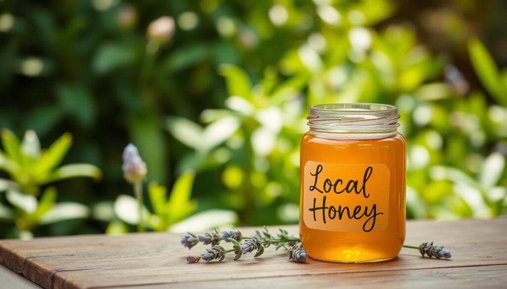 A glass jar filled with golden honey, resting on a wooden table alongside a sprig of fresh lavender. The jar's label features the text "Local Honey" in a handwritten script. The table is set against a backdrop of a lush, green garden, with soft, natural lighting filtering through the leaves. The overall composition conveys a sense of wellness, wholeness, and the soothing power of nature's remedies. A glass jar filled with golden honey, resting on a wooden table alongside a sprig of fresh lavender. The jar's label features the text "Local Honey" in a handwritten script. The table is set against a backdrop of a lush, green garden, with soft, natural lighting filtering through the leaves. The overall composition conveys a sense of wellness, wholeness, and the soothing power of nature's remedies.